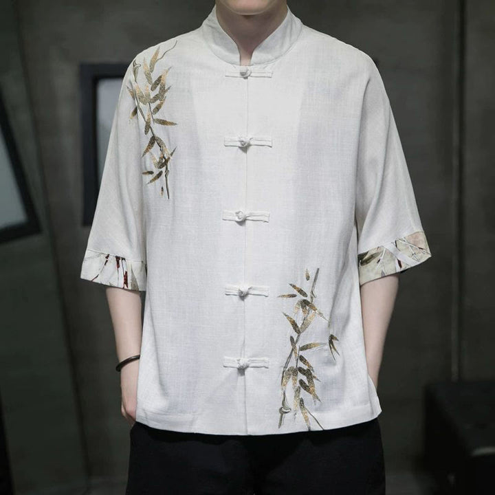 Camisa de lino y bambú de manga corta con botones de rana para hombre de Buddha Stones - Blanco - US/UK/AU42, EU52 (3XL) - image 0