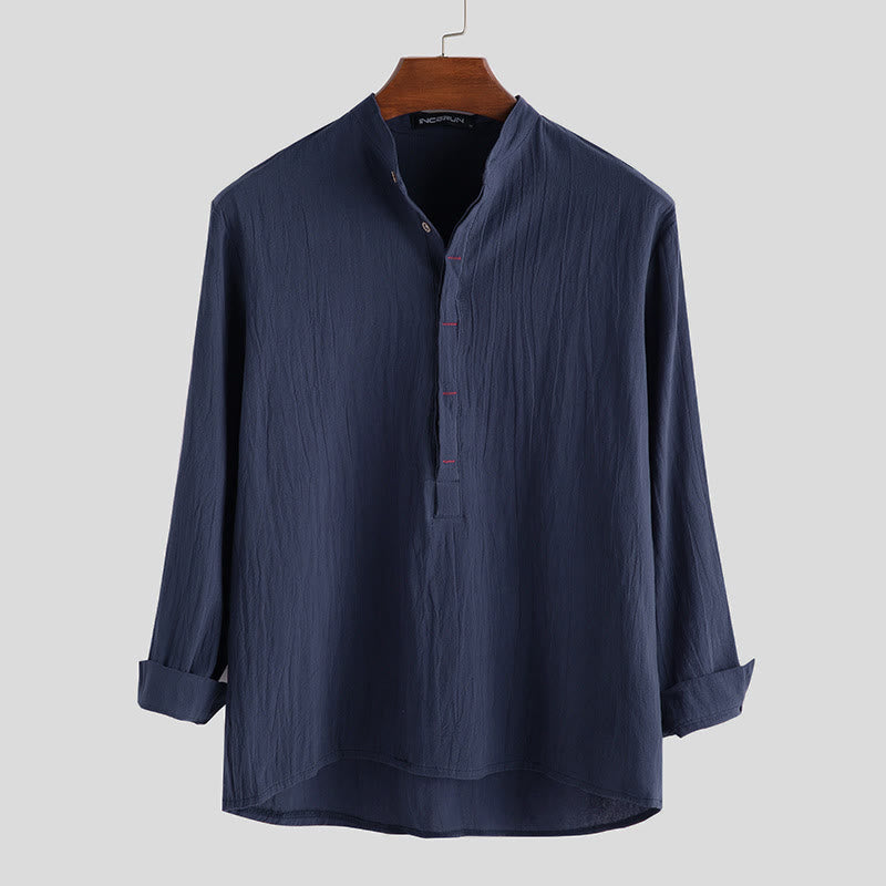 Camisa de manga larga de algodón para hombre con Buddha Stones, color liso y hasta medio botón. - Azul acero - US/UK/AU42, EU52 (3XL) - image 4