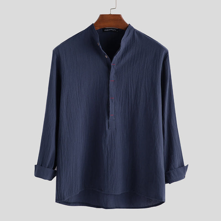 Camisa de manga larga de algodón para hombre con Buddha Stones, color liso y hasta medio botón. - Azul acero - US/UK/AU42, EU52 (3XL) - image 4
