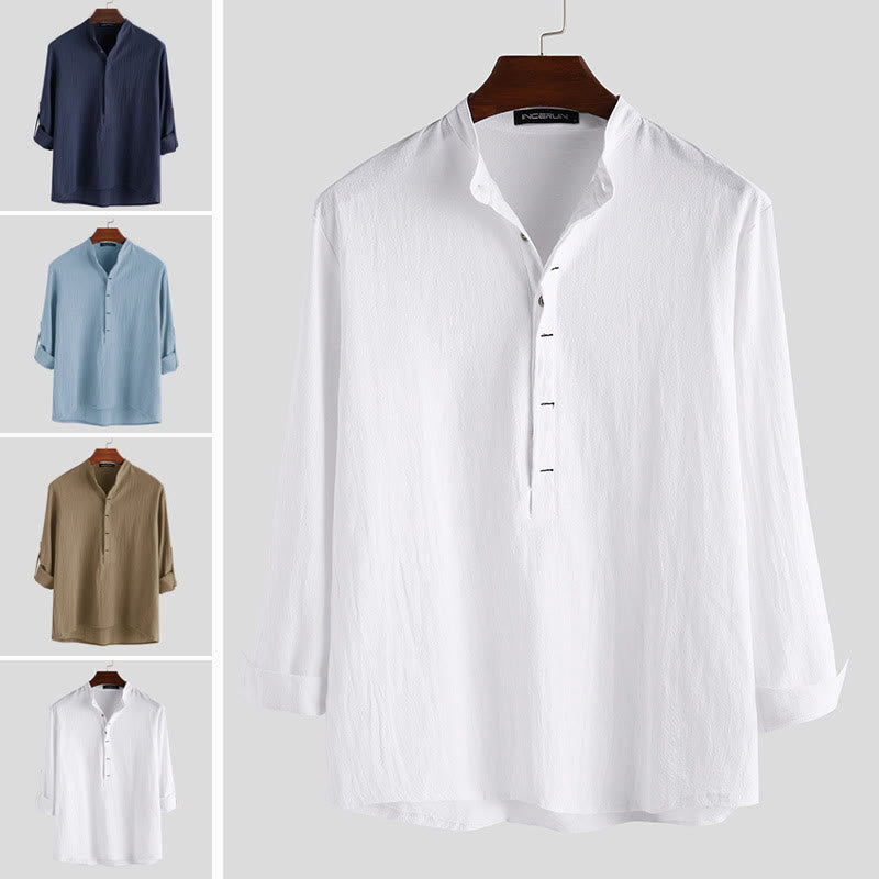 Camisa de manga larga de algodón para hombre con Buddha Stones, color liso y hasta medio botón. - image 1
