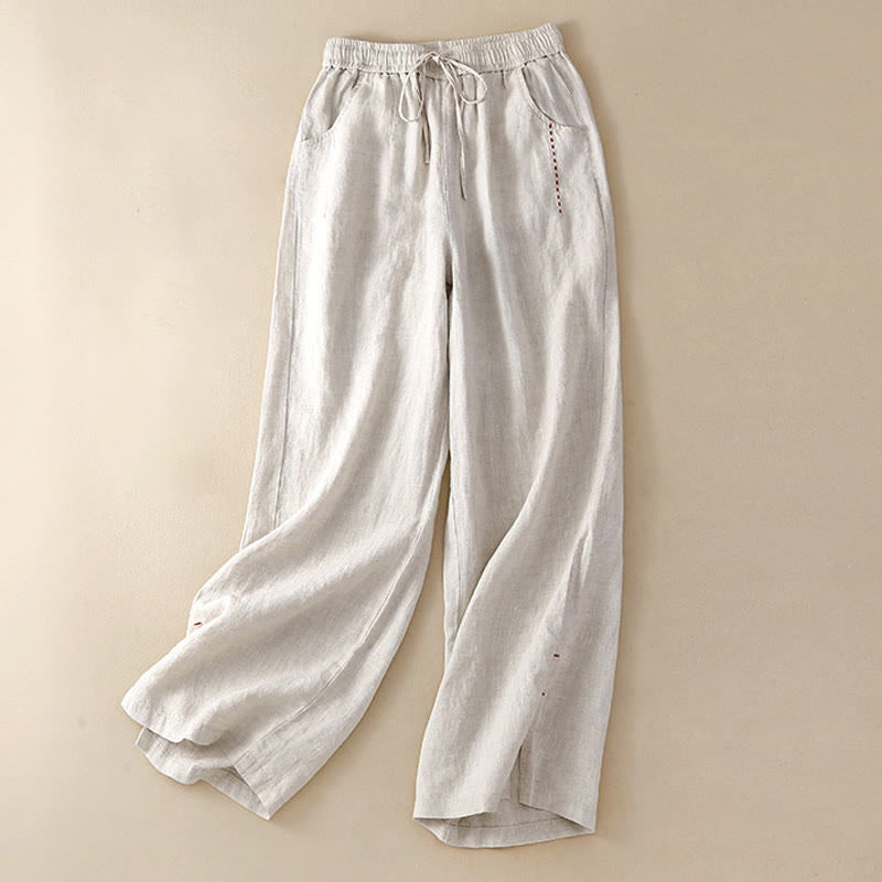 Pantalones anchos de lino y algodón con cordón para mujer, informales, de verano, con bordado de Buddha Stones , de color liso y bolsillos - image 1