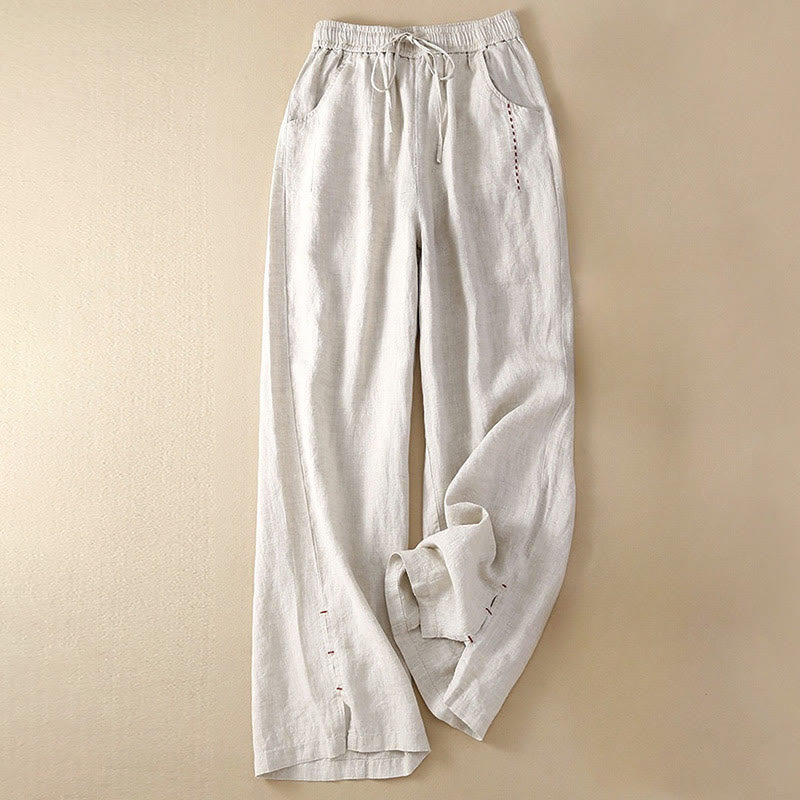 Pantalones anchos de lino y algodón con cordón para mujer, informales, de verano, con bordado de Buddha Stones , de color liso y bolsillos - Gainsboro - US12, UK/AU16, EU44 (3XL) - image 0
