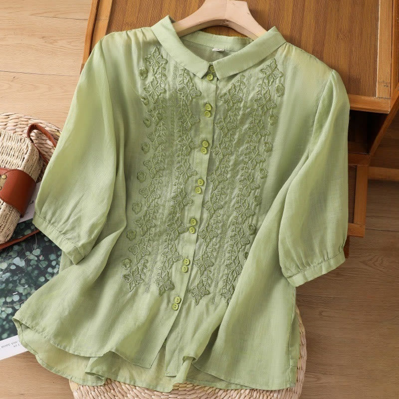 Camisa de lino y algodón con solapa y manga tres cuartos para mujer, con estampado floral, bordado y botones lisos de Buddha Stones - image 1