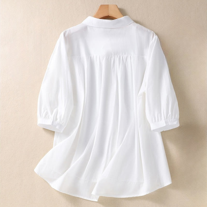 Camisa de lino y algodón con solapa y manga tres cuartos para mujer, con estampado floral, bordado y botones lisos de Buddha Stones - image 6