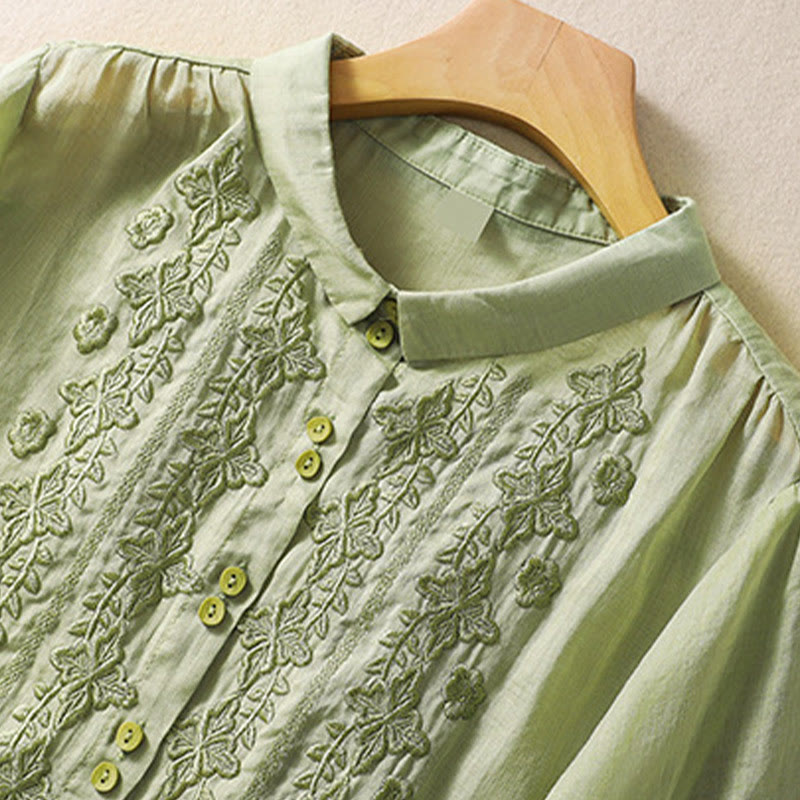 Camisa de lino y algodón con solapa y manga tres cuartos para mujer, con estampado floral, bordado y botones lisos de Buddha Stones - image 2