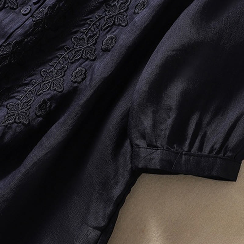 Camisa de lino y algodón con solapa y manga tres cuartos para mujer, con estampado floral, bordado y botones lisos de Buddha Stones - image 30