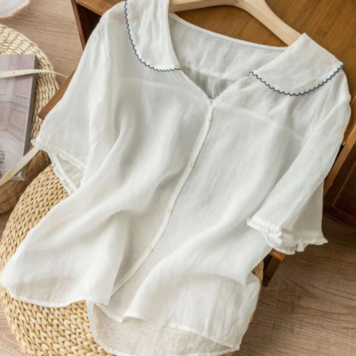 Camisa informal de mujer con cuello alto, manga corta y botones lisos de Buddha Stones - image 19