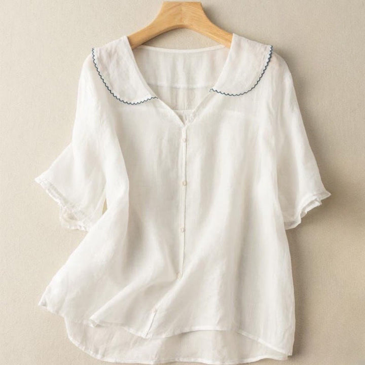 Camisa informal de mujer con cuello alto, manga corta y botones lisos de Buddha Stones - Blanco - US12, UK/AU16, EU44 (2XL) - image 17
