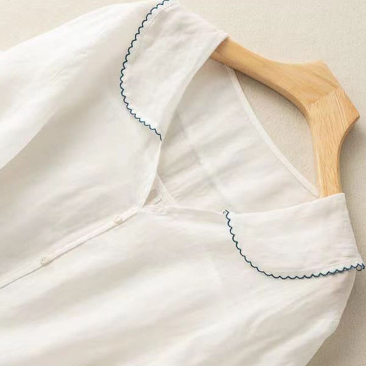 Camisa informal de mujer con cuello alto, manga corta y botones lisos de Buddha Stones - image 20