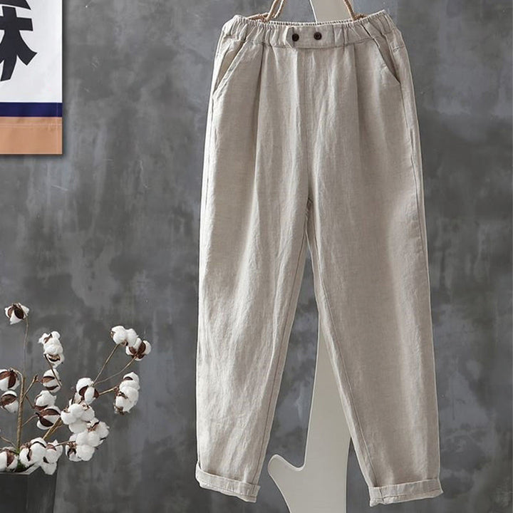 Pantalones harén de algodón y lino con botones y bolsillos para mujer de Buddha Stones
