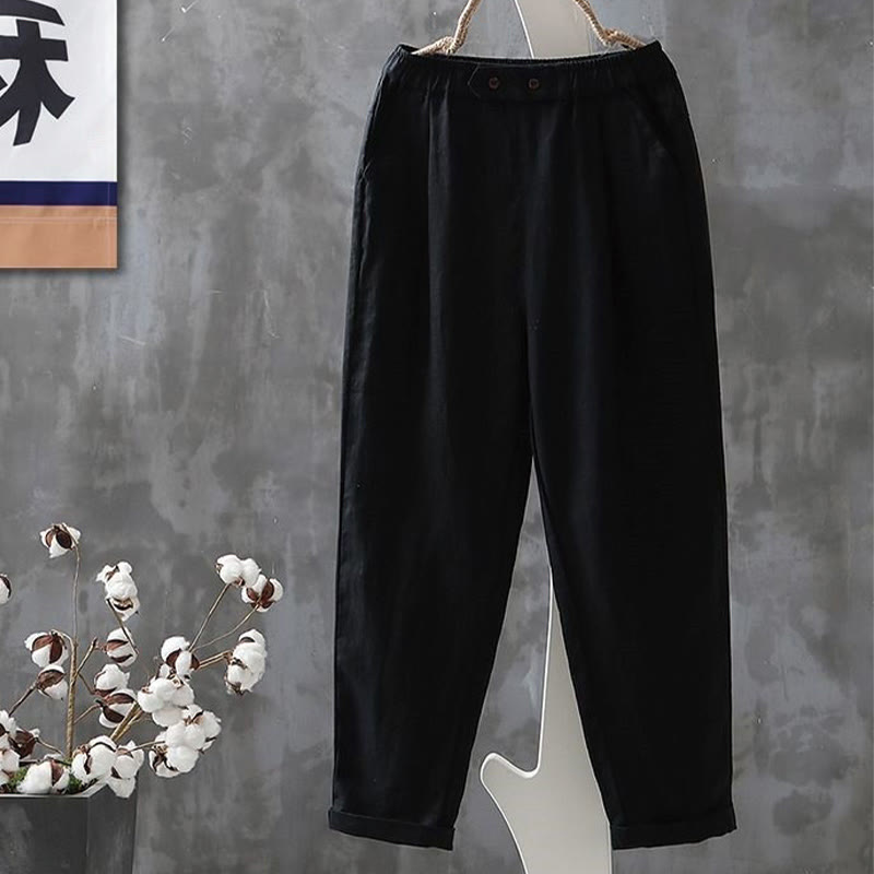 Pantalones harén de algodón y lino con botones y bolsillos para mujer de Buddha Stones