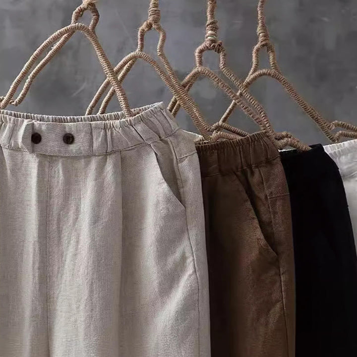 Pantalones harén de algodón y lino con botones y bolsillos para mujer de Buddha Stones
