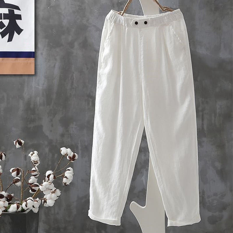 Pantalones harén de algodón y lino con botones y bolsillos para mujer de Buddha Stones