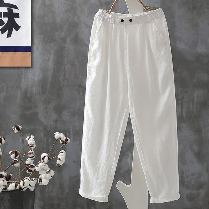 Pantalones harén de algodón y lino con botones y bolsillos para mujer de Buddha Stones