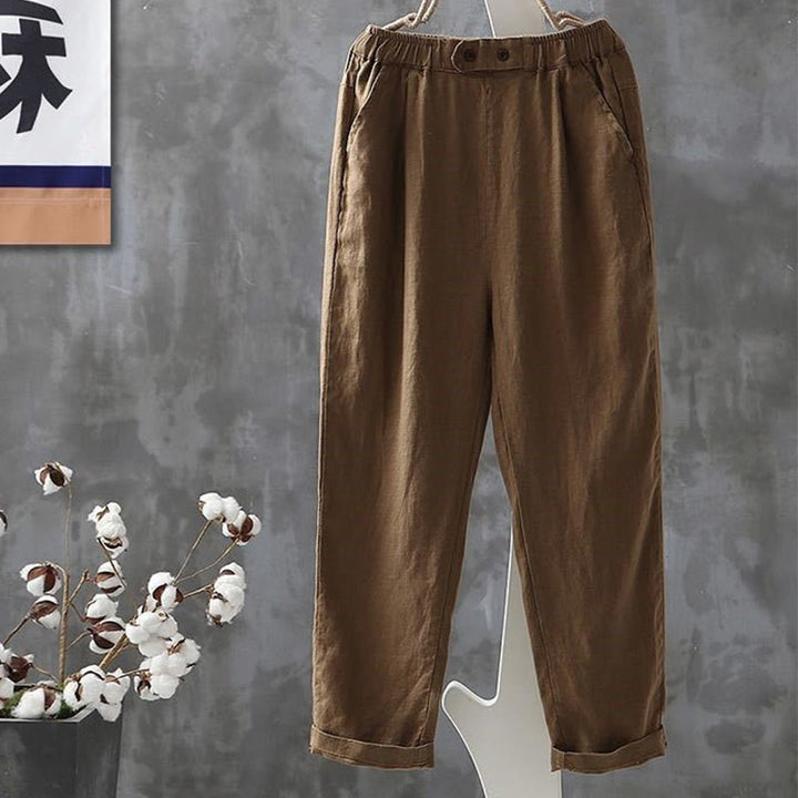 Pantalones harén de algodón y lino con botones y bolsillos para mujer de Buddha Stones