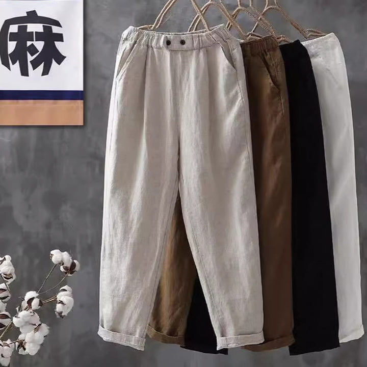 Pantalones harén de algodón y lino con botones y bolsillos para mujer de Buddha Stones