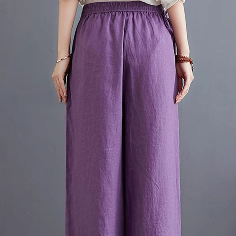 Pantalones anchos de lino y algodón de cintura alta para mujer con diseño simple y puro de Buddha Stones y bolsillos - image 13