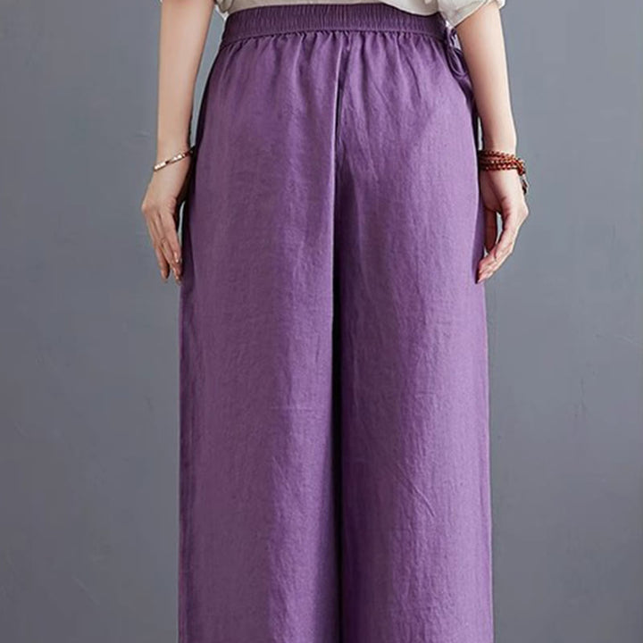 Pantalones anchos de lino y algodón de cintura alta para mujer con diseño simple y puro de Buddha Stones y bolsillos - image 13