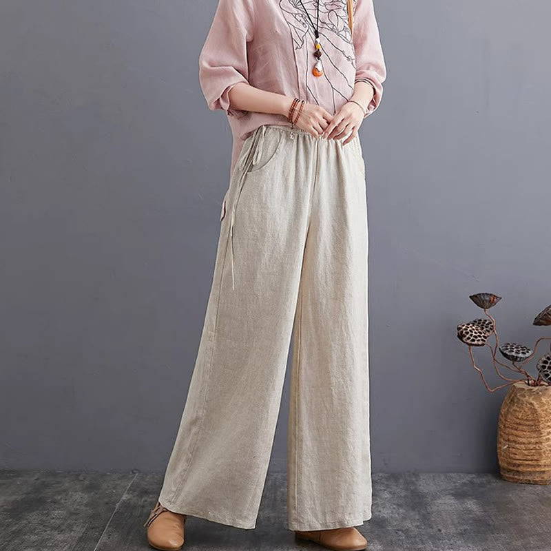 Pantalones anchos de lino y algodón de cintura alta para mujer con diseño simple y puro de Buddha Stones y bolsillos - image 19