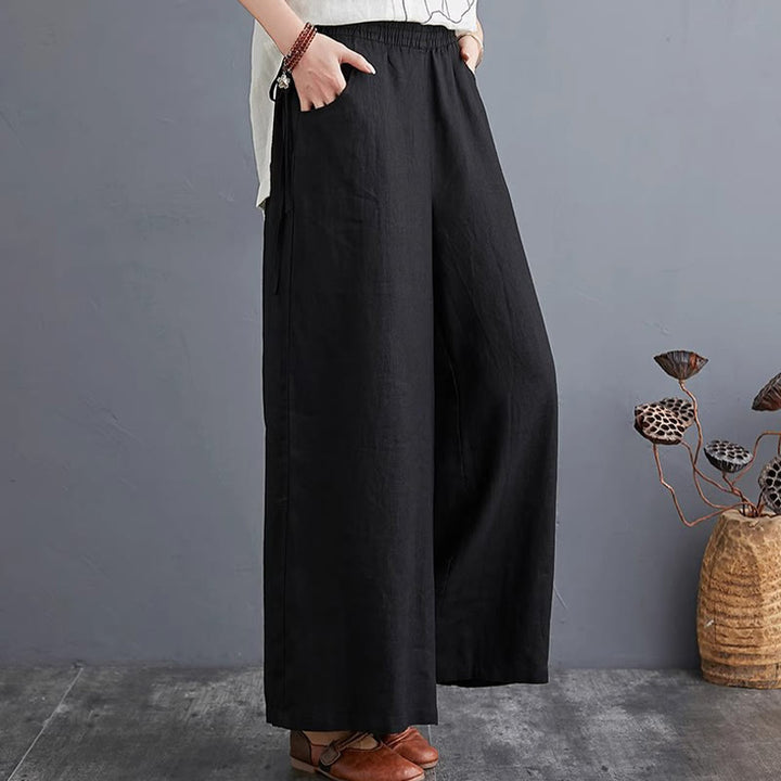 Pantalones anchos de lino y algodón de cintura alta para mujer con diseño simple y puro de Buddha Stones y bolsillos - image 27