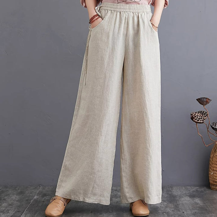 Pantalones anchos de lino y algodón de cintura alta para mujer con diseño simple y puro de Buddha Stones y bolsillos - image 22