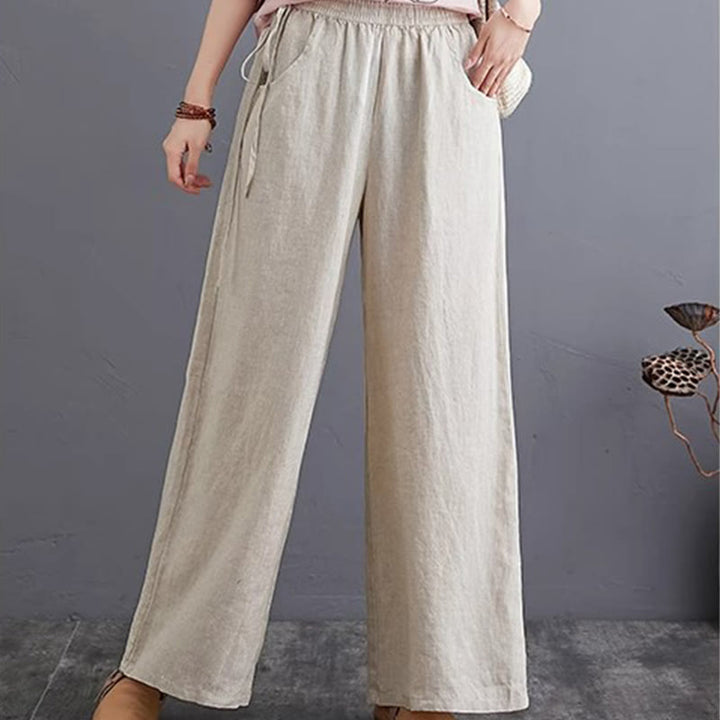 Pantalones anchos de lino y algodón de cintura alta para mujer con diseño simple y puro de Buddha Stones y bolsillos - image 23