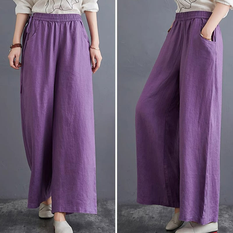 Pantalones anchos de lino y algodón de cintura alta para mujer con diseño simple y puro de Buddha Stones y bolsillos - image 15