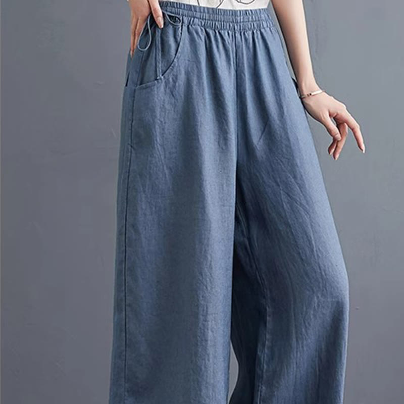 Pantalones anchos de lino y algodón de cintura alta para mujer con diseño simple y puro de Buddha Stones y bolsillos - image 7