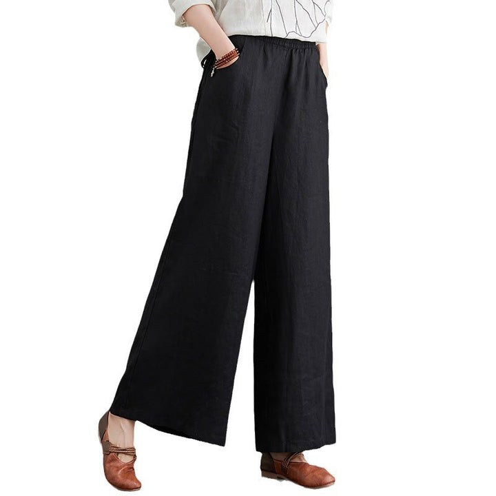 Pantalones anchos de lino y algodón de cintura alta para mujer con diseño simple y puro de Buddha Stones y bolsillos - image 32
