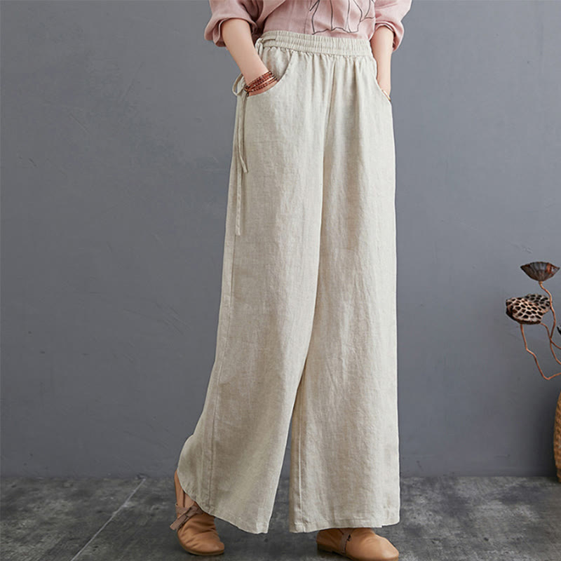 Pantalones anchos de lino y algodón de cintura alta para mujer con diseño simple y puro de Buddha Stones y bolsillos - image 17