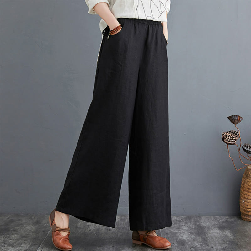 Pantalones anchos de lino y algodón de cintura alta para mujer con diseño simple y puro de Buddha Stones y bolsillos - Negro - US16, UK/AU20, EU48 (5XL) - image 25