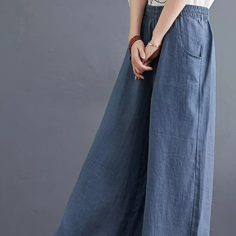 Pantalones anchos de lino y algodón de cintura alta para mujer con diseño simple y puro de Buddha Stones y bolsillos - image 6