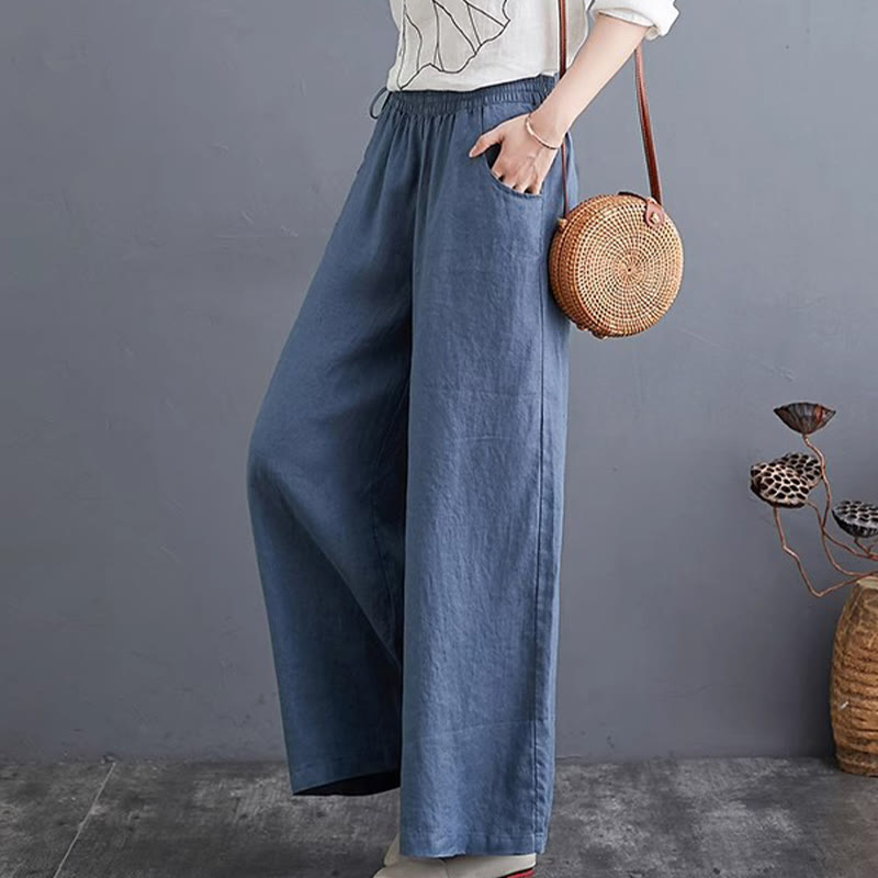 Pantalones anchos de lino y algodón de cintura alta para mujer con diseño simple y puro de Buddha Stones y bolsillos - image 2