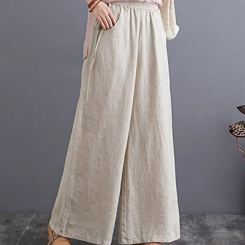 Pantalones anchos de lino y algodón de cintura alta para mujer con diseño simple y puro de Buddha Stones y bolsillos - Beige - US16, UK/AU20, EU48 (5XL) - image 16