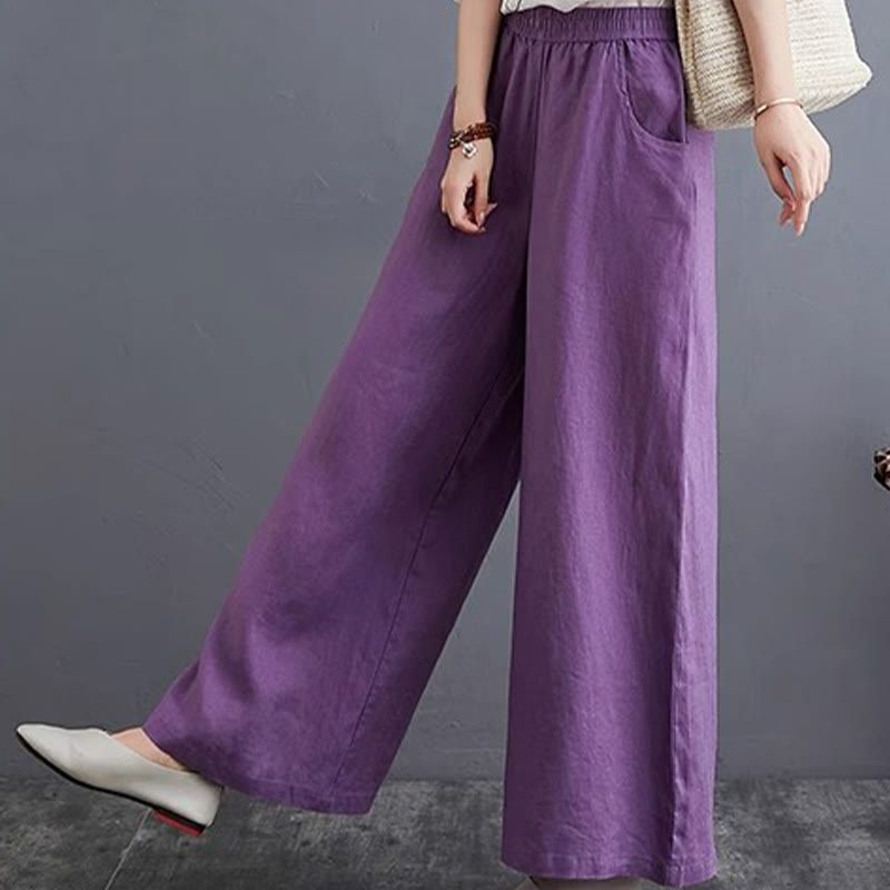 Pantalones anchos de lino y algodón de cintura alta para mujer con diseño simple y puro de Buddha Stones y bolsillos - image 12
