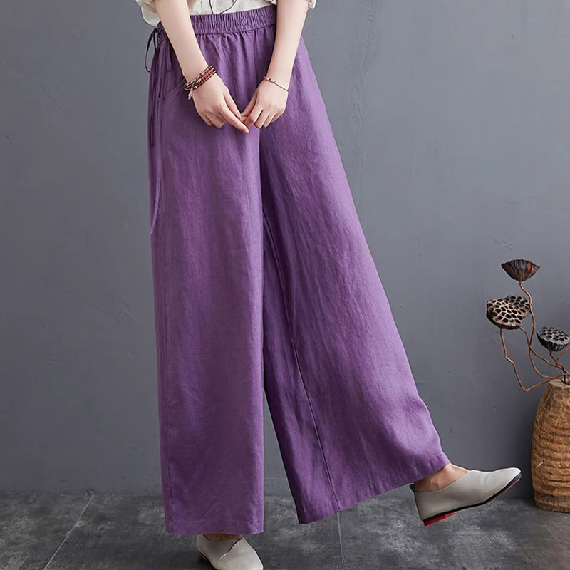 Pantalones anchos de lino y algodón de cintura alta para mujer con diseño simple y puro de Buddha Stones y bolsillos - image 11