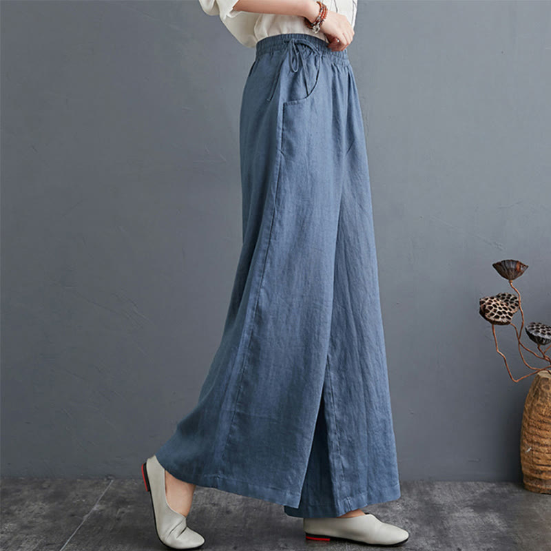 Pantalones anchos de lino y algodón de cintura alta para mujer con diseño simple y puro de Buddha Stones y bolsillos - Azul acero - US16, UK/AU20, EU48 (5XL) - image 0