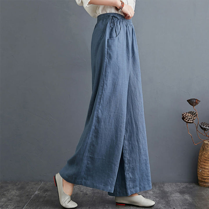 Pantalones anchos de lino y algodón de cintura alta para mujer con diseño simple y puro de Buddha Stones y bolsillos - Azul acero - US16, UK/AU20, EU48 (5XL) - image 0