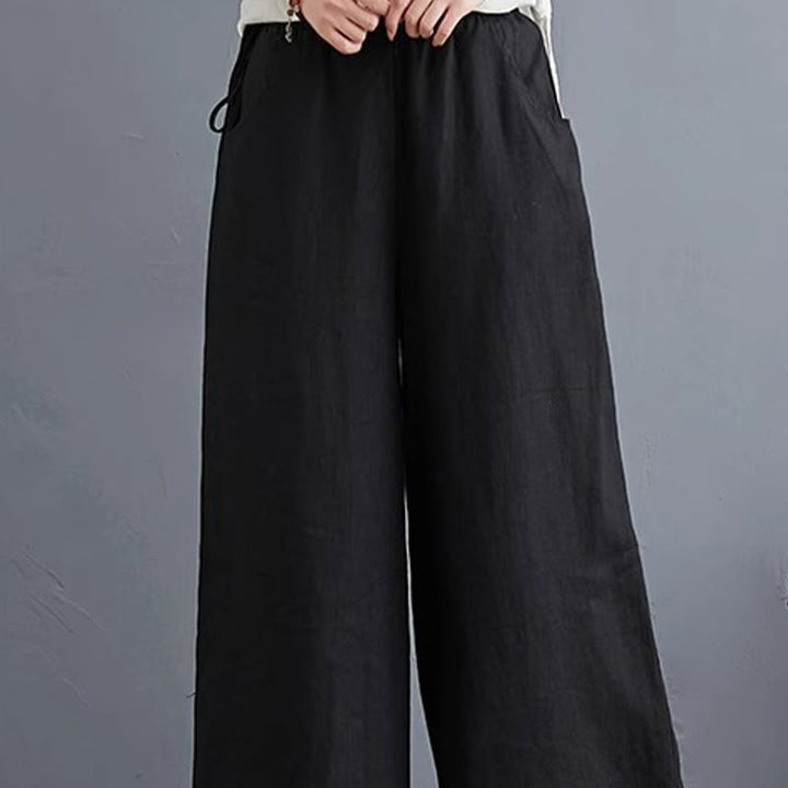 Pantalones anchos de lino y algodón de cintura alta para mujer con diseño simple y puro de Buddha Stones y bolsillos - image 31