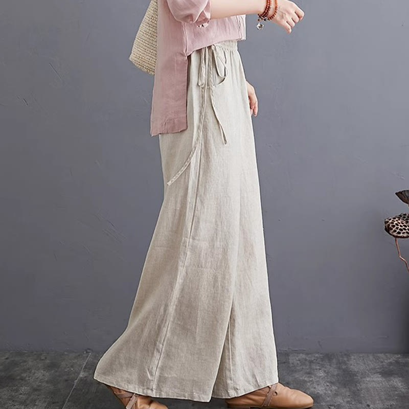 Pantalones anchos de lino y algodón de cintura alta para mujer con diseño simple y puro de Buddha Stones y bolsillos - image 18