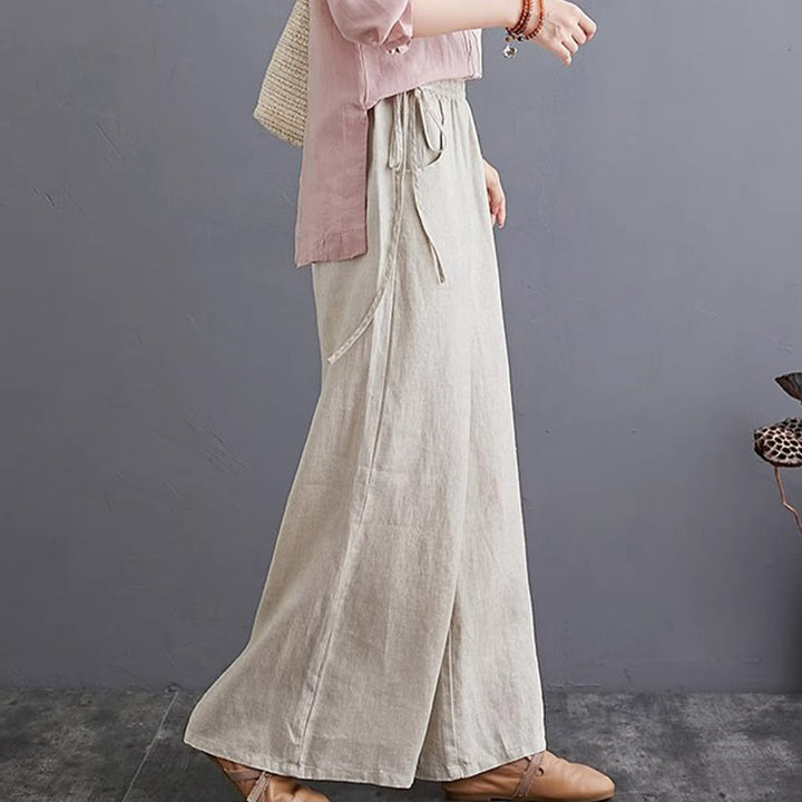 Pantalones anchos de lino y algodón de cintura alta para mujer con diseño simple y puro de Buddha Stones y bolsillos - image 18