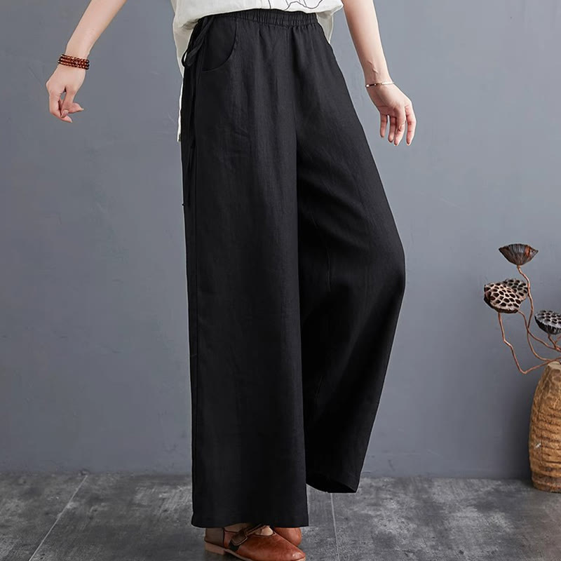 Pantalones anchos de lino y algodón de cintura alta para mujer con diseño simple y puro de Buddha Stones y bolsillos - image 28