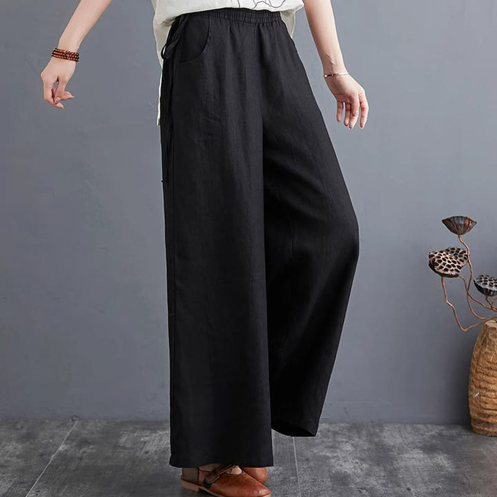 Pantalones anchos de lino y algodón de cintura alta para mujer con diseño simple y puro de Buddha Stones y bolsillos - image 28