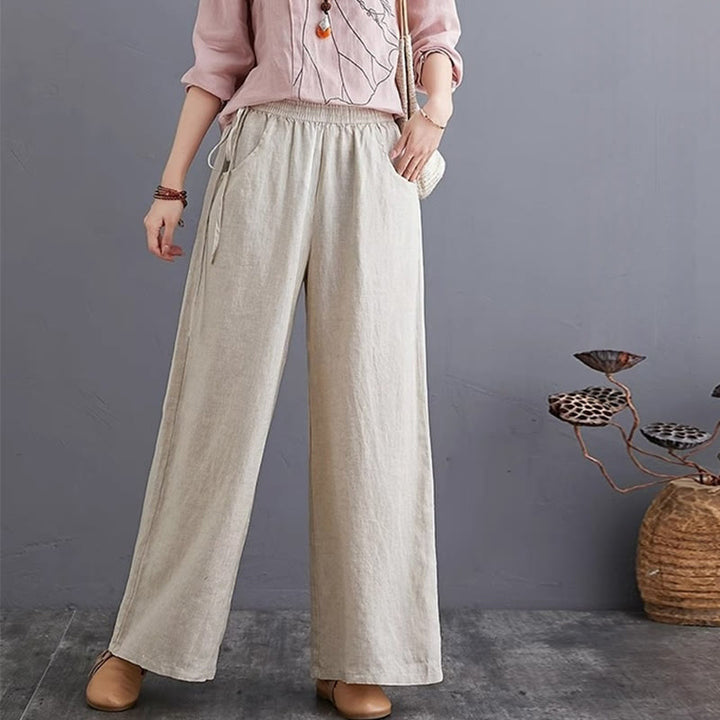 Pantalones anchos de lino y algodón de cintura alta para mujer con diseño simple y puro de Buddha Stones y bolsillos - image 20