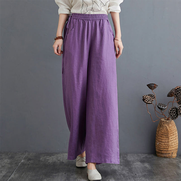 Pantalones anchos de lino y algodón de cintura alta para mujer con diseño simple y puro de Buddha Stones y bolsillos - Orquídea mediana - US16, UK/AU20, EU48 (5XL) - image 8