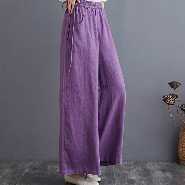 Pantalones anchos de lino y algodón de cintura alta para mujer con diseño simple y puro de Buddha Stones y bolsillos - image 9