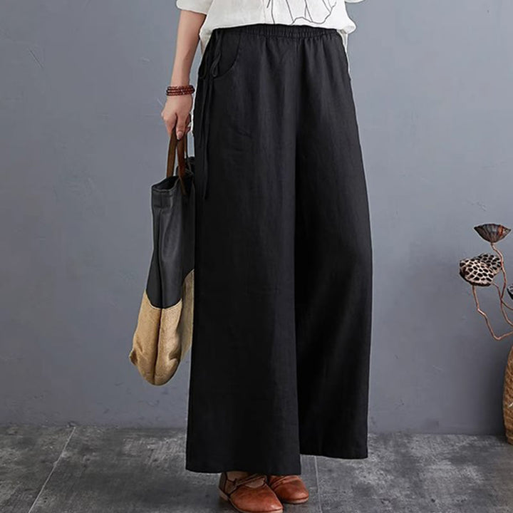 Pantalones anchos de lino y algodón de cintura alta para mujer con diseño simple y puro de Buddha Stones y bolsillos - image 26