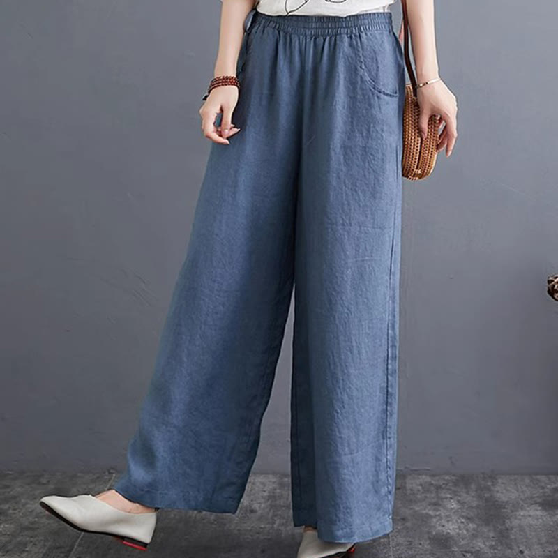 Pantalones anchos de lino y algodón de cintura alta para mujer con diseño simple y puro de Buddha Stones y bolsillos - image 1