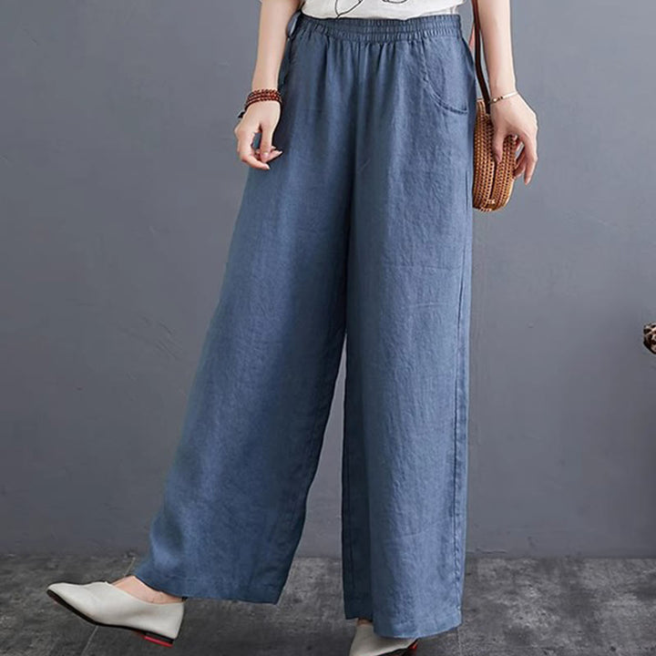 Pantalones anchos de lino y algodón de cintura alta para mujer con diseño simple y puro de Buddha Stones y bolsillos - image 1