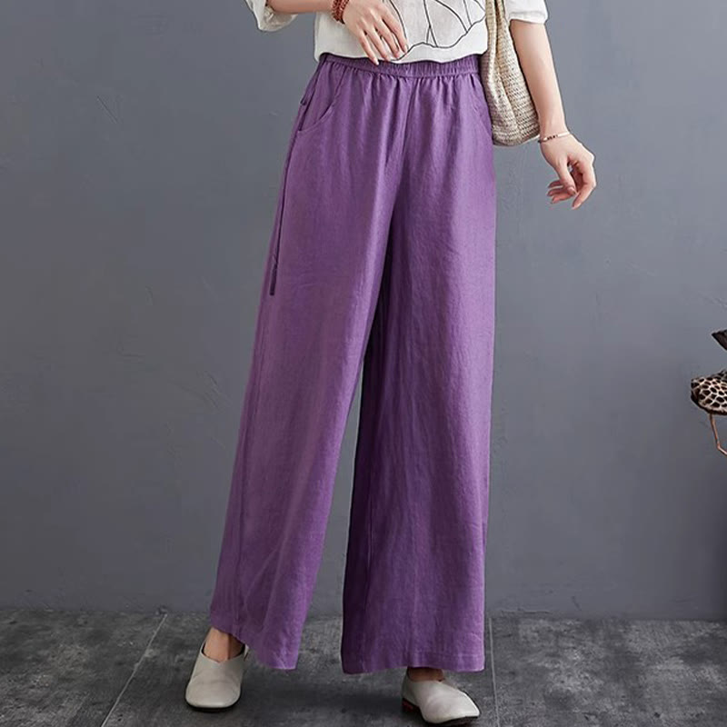 Pantalones anchos de lino y algodón de cintura alta para mujer con diseño simple y puro de Buddha Stones y bolsillos - image 10